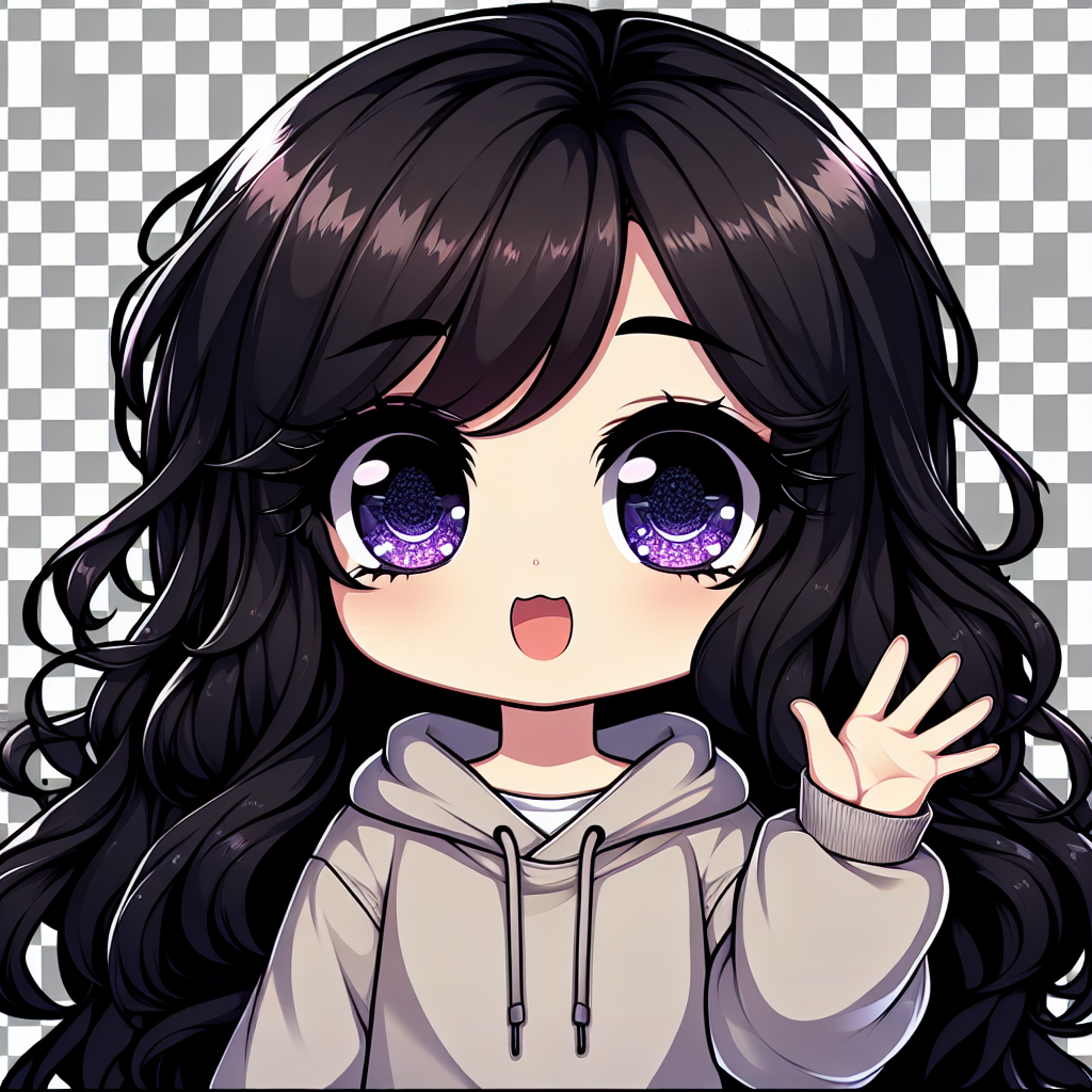 long black haired girl with wavy hair and curtain bangs with sparkling purple eyes waving happily to viewers wearing a cozy sweat shirt