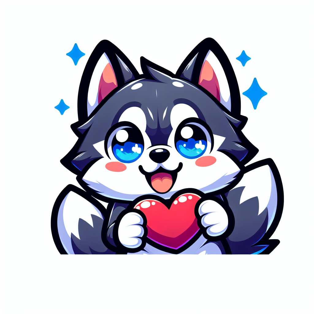 a sibirian husky,happy, holding a heart in the paws