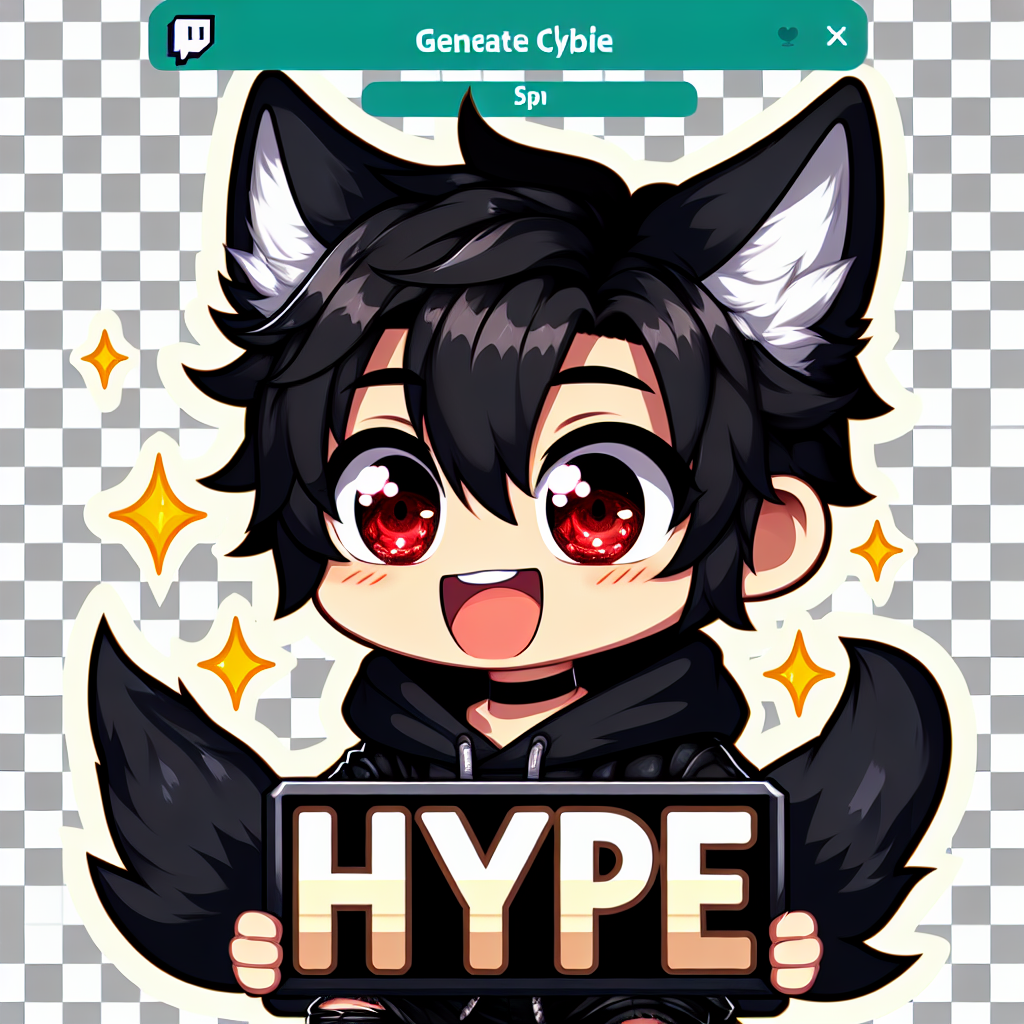 A cheerful boy with gleaming red eyes and messy black hair, adorned with black fox ears , wearing a sleek black hoodie and a black choker and with a sign saying HYPE on it