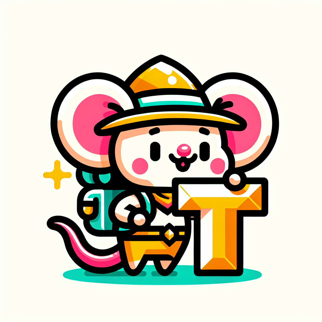 A mouse dressed as an explorer, complete with a tiny hat and backpack, holding a "T" alphabet that looks like an ancient artifact.