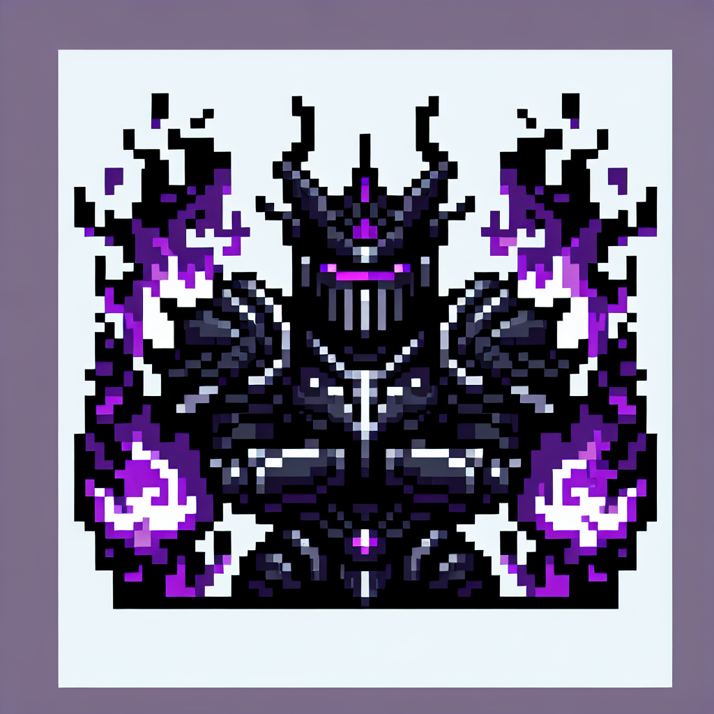 A full black knight armor with purple flame in