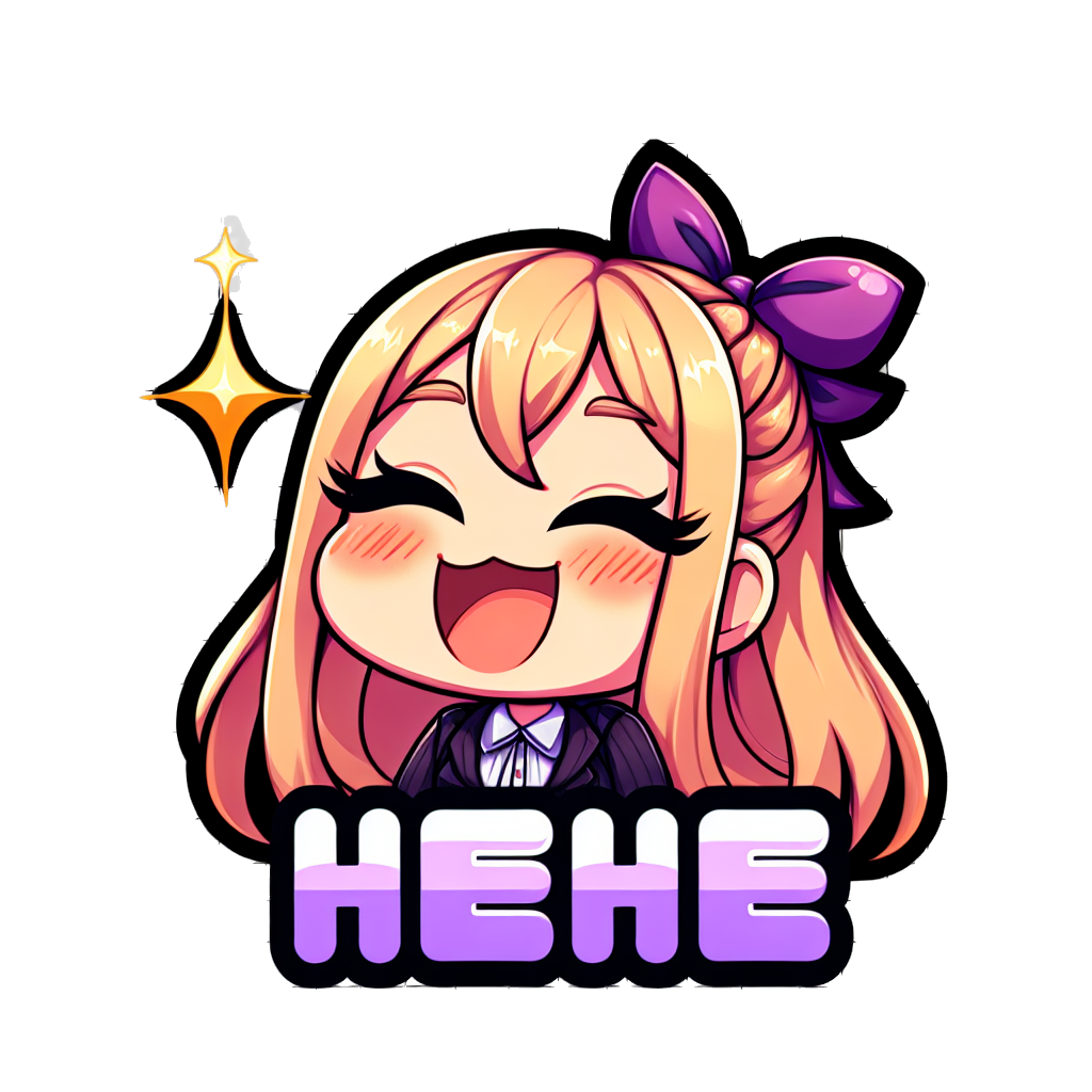 Eye closed, Laughing, saying “hehe”, long blonde hair, girl