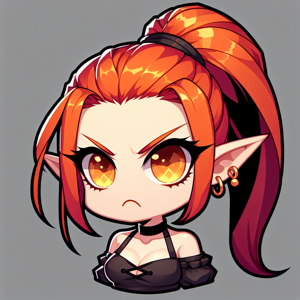Female Elf with Oranage hair in a high ponytail with shaved sides, with golden eyes, wearing a black shirt with the shoulders cut out. Make her look angry