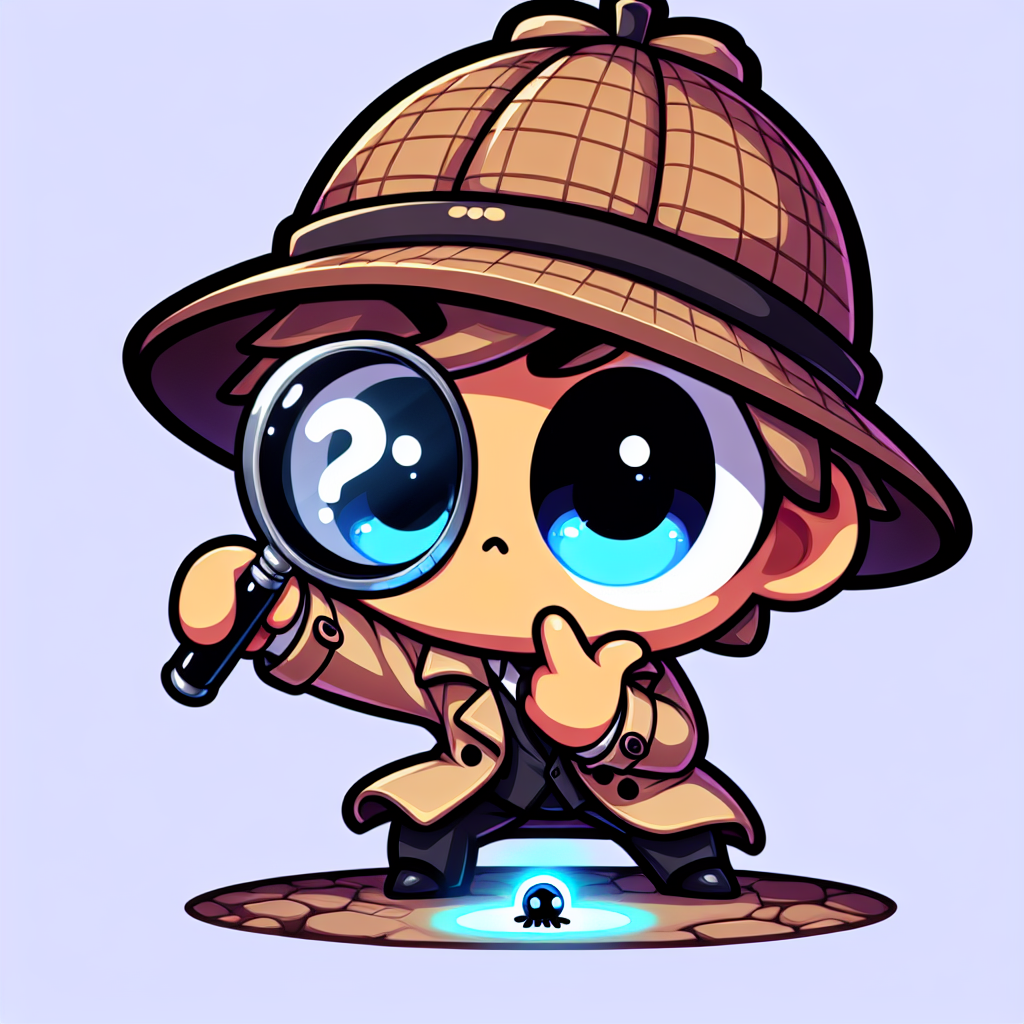 trench coat and deerstalker hat, intently peering through a magnifying glass at a tiny, glowing blue clue on the ground, with one webbed foot raised for emphasis.