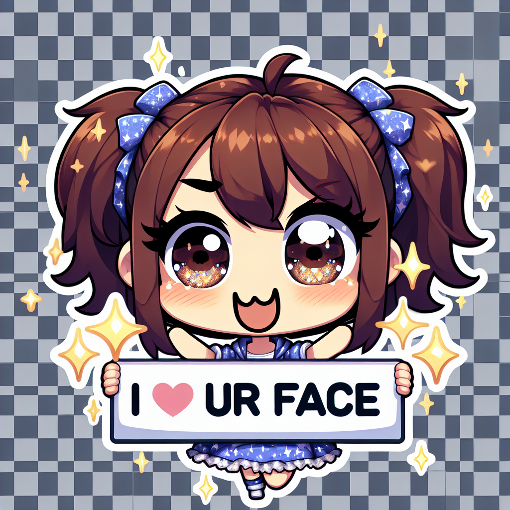 A chibi Powerpuff girl with brown hair and brown eyes tied in pigtails, dressed in a blue outfit with star patterns, holding a sign with glittery letters saying 'I <3 UR Face' while winking 