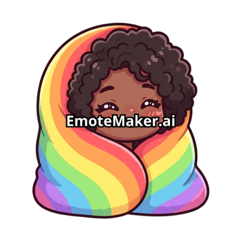 kawaii ebony girl with curly hair wrapped comfortably in a vibrant rainbow blanke