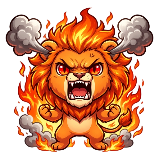 Cute orange lion with smoke coming out of his ears