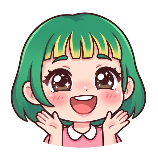 Dark brown eyes, hair are short emerald greeb bob with micro bangs. Bangs have yellow in them.