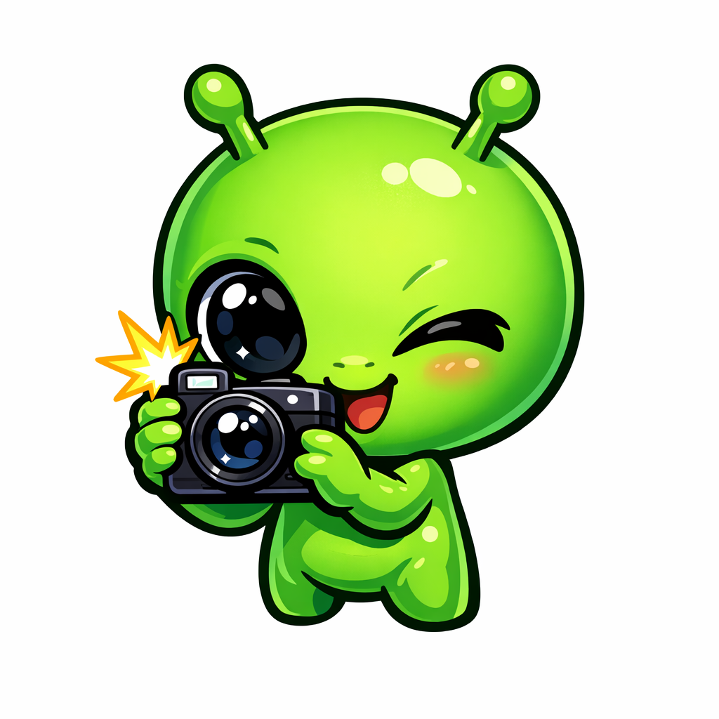 a green alien taking a picture