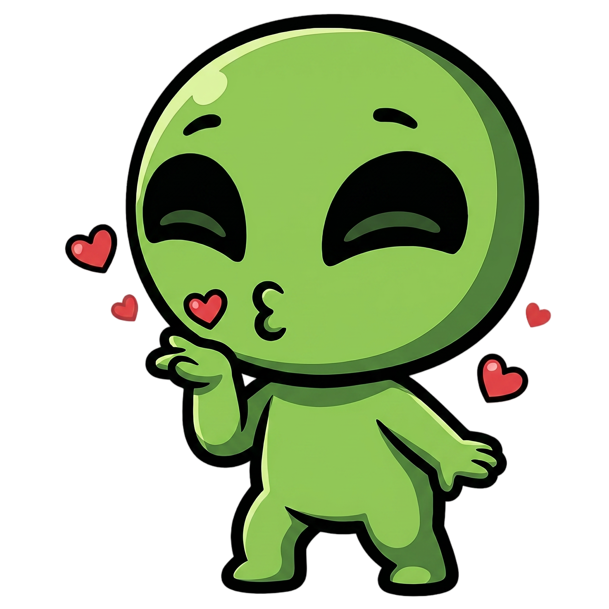 Change this emote to blowing a kiss with hearts floating around, eyes closed sweetly, and one hand near the lips. Keep the exact same character design, outfit, colors, and art style.