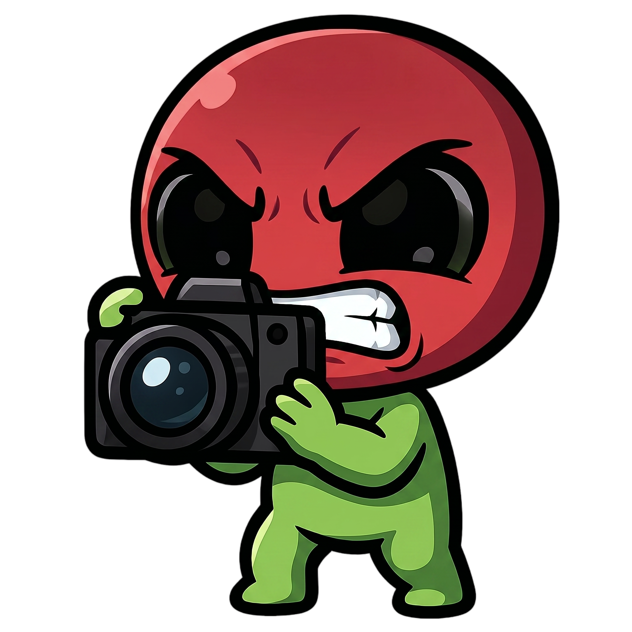 Change this emote's expression to angry with furrowed brows, gritted teeth, and a red face. Keep the exact same character design, outfit, colors, and art style.