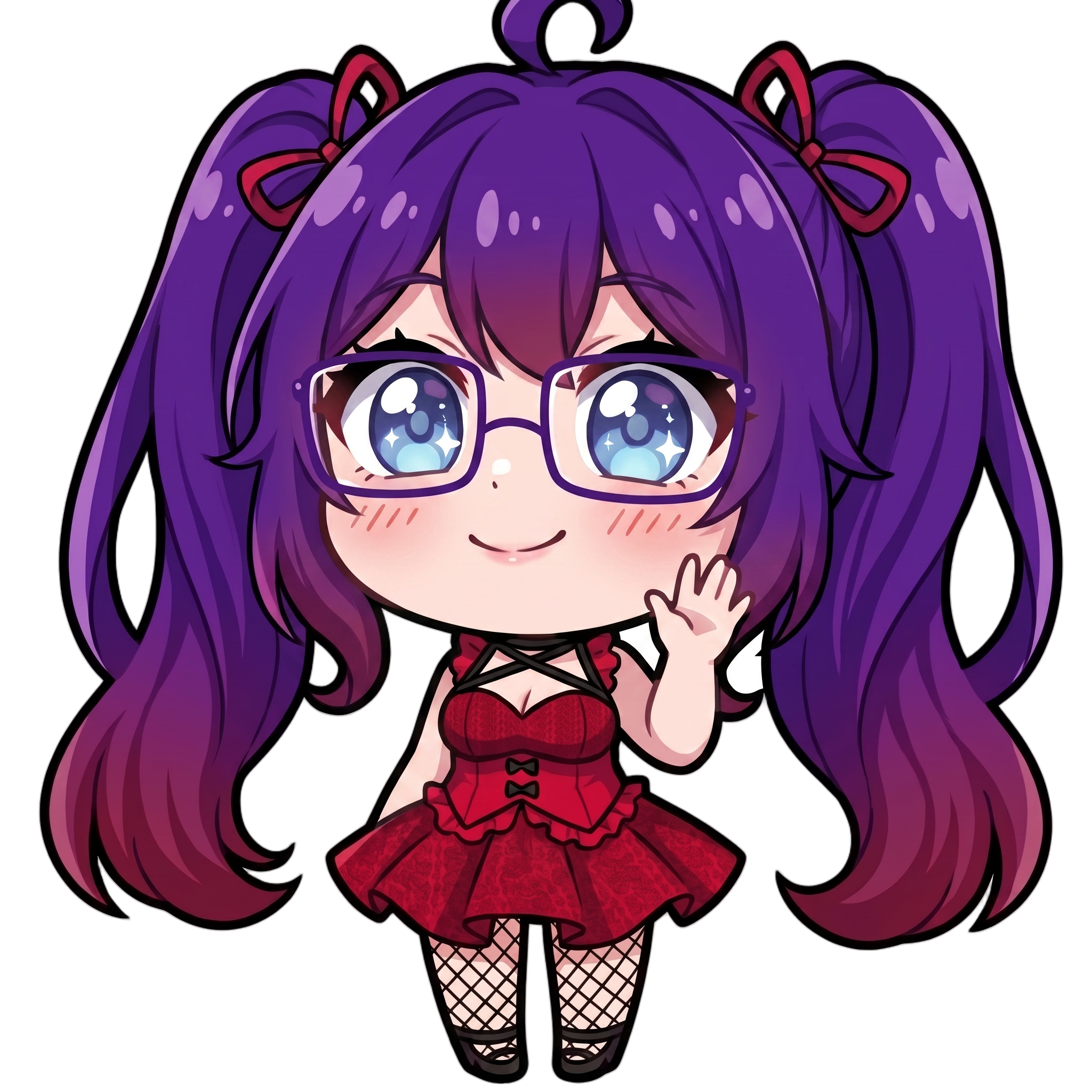 Change this emote to waving hello with one hand raised and a friendly warm smile. Keep the exact same character design, outfit, colors, and art style.