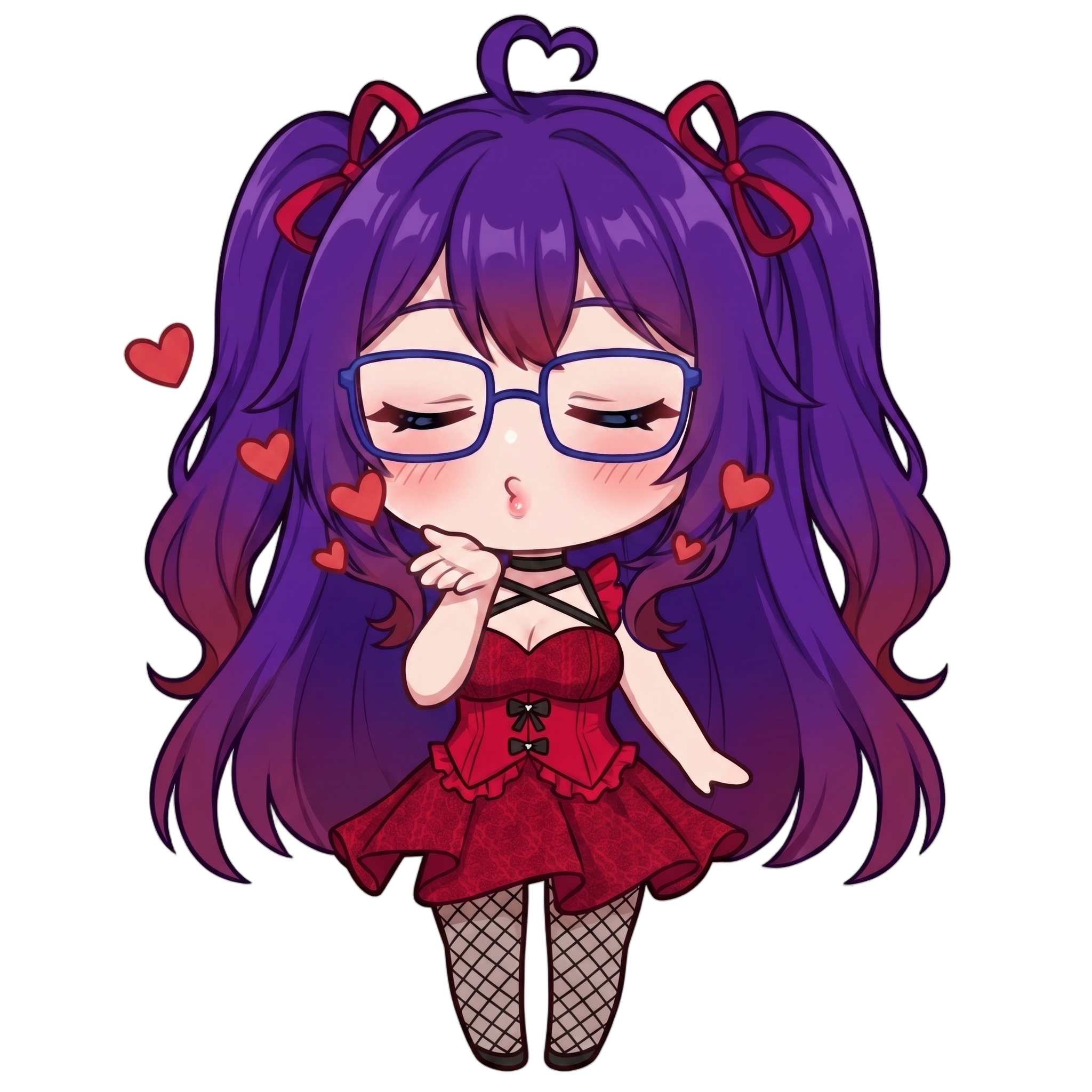 Change this emote to blowing a kiss with hearts floating around, eyes closed sweetly, and one hand near the lips. Keep the exact same character design, outfit, colors, and art style.