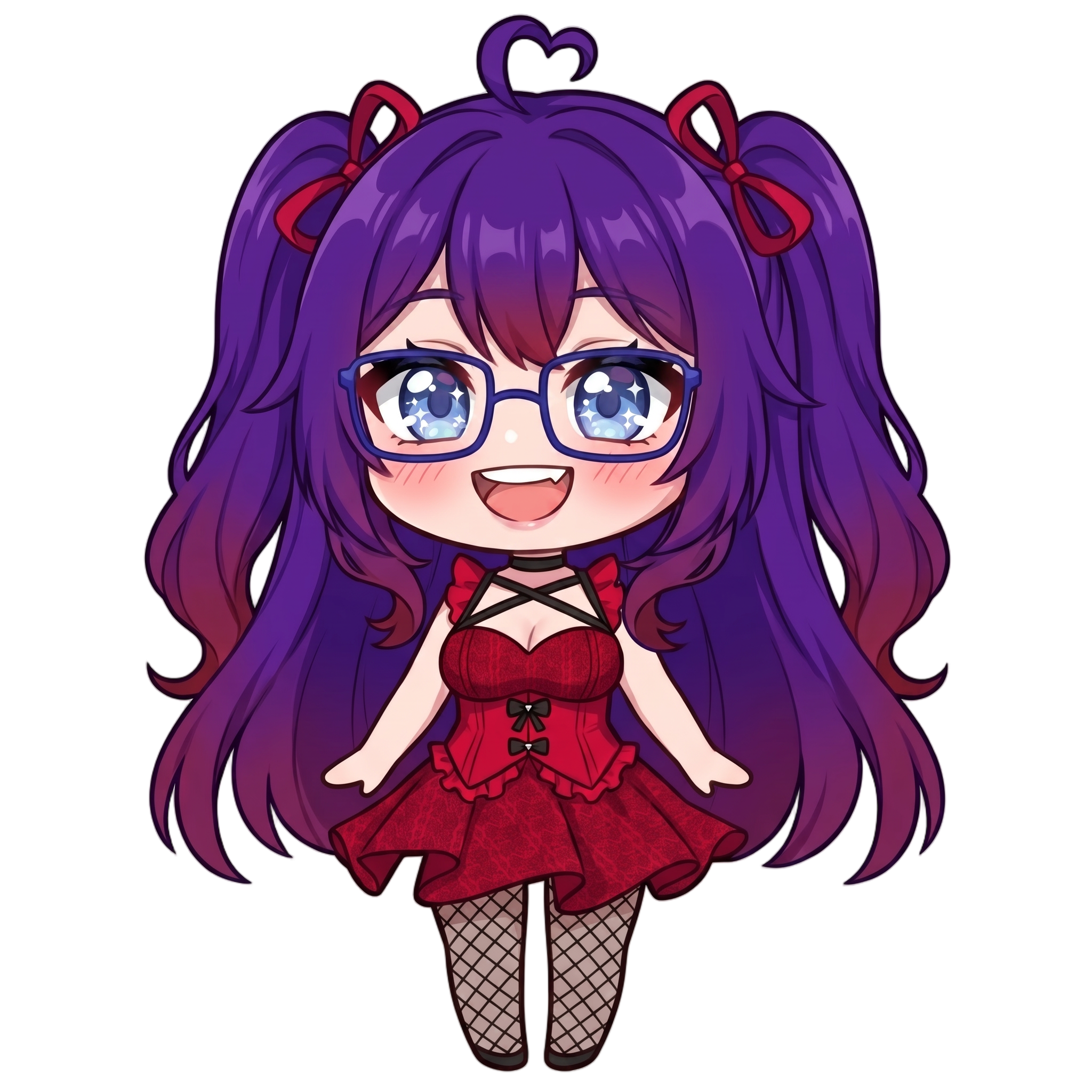Change this emote's expression to happy with a big cheerful smile and bright sparkling eyes. Keep the exact same character design, outfit, colors, and art style.