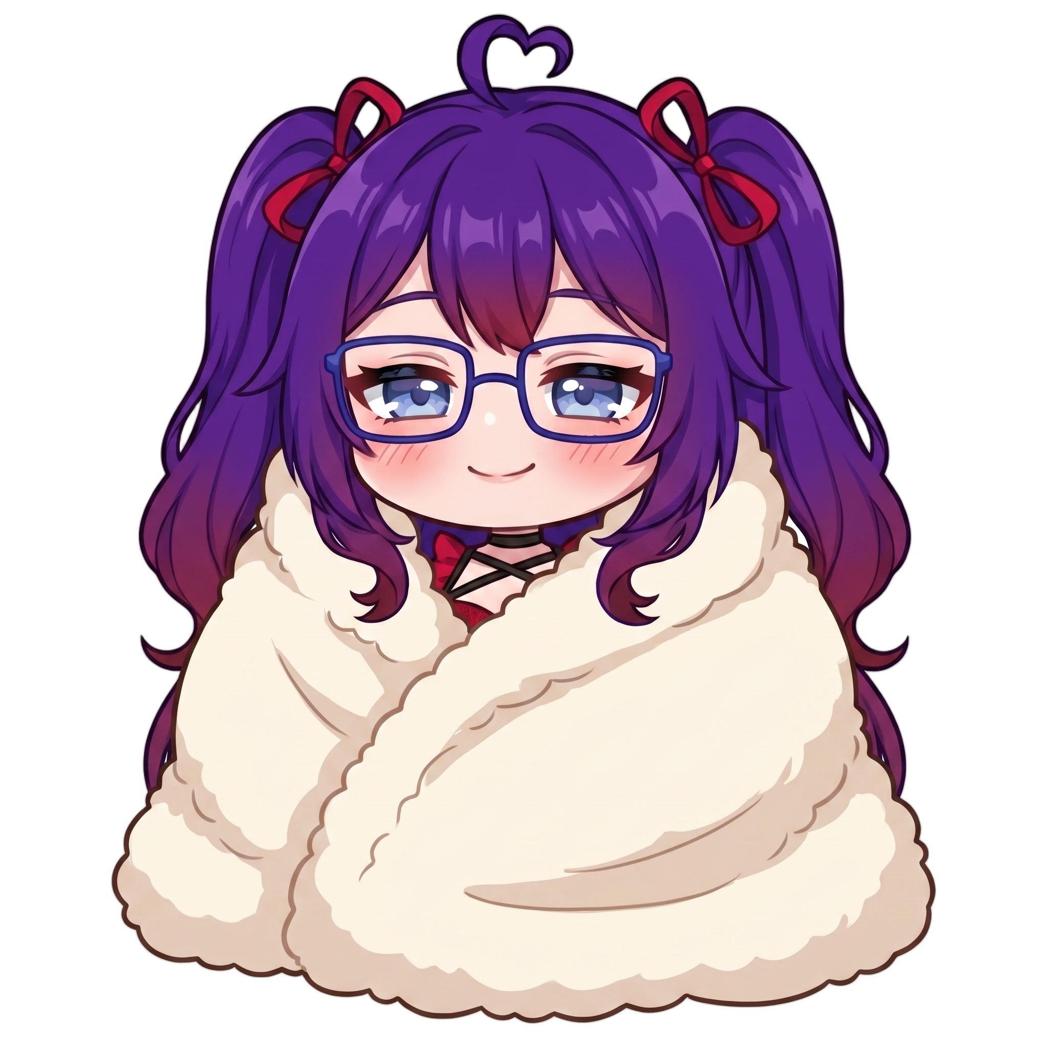 Change this emote to cozy and comfortable wrapped in a blanket with sleepy content eyes and a warm gentle smile. Keep the exact same character design, outfit, colors, and art style.
