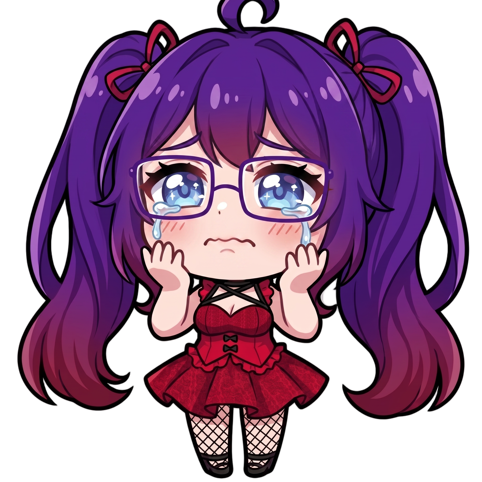 Change this emote's expression to sad with tears streaming down and a trembling frown. Keep the exact same character design, outfit, colors, and art style.