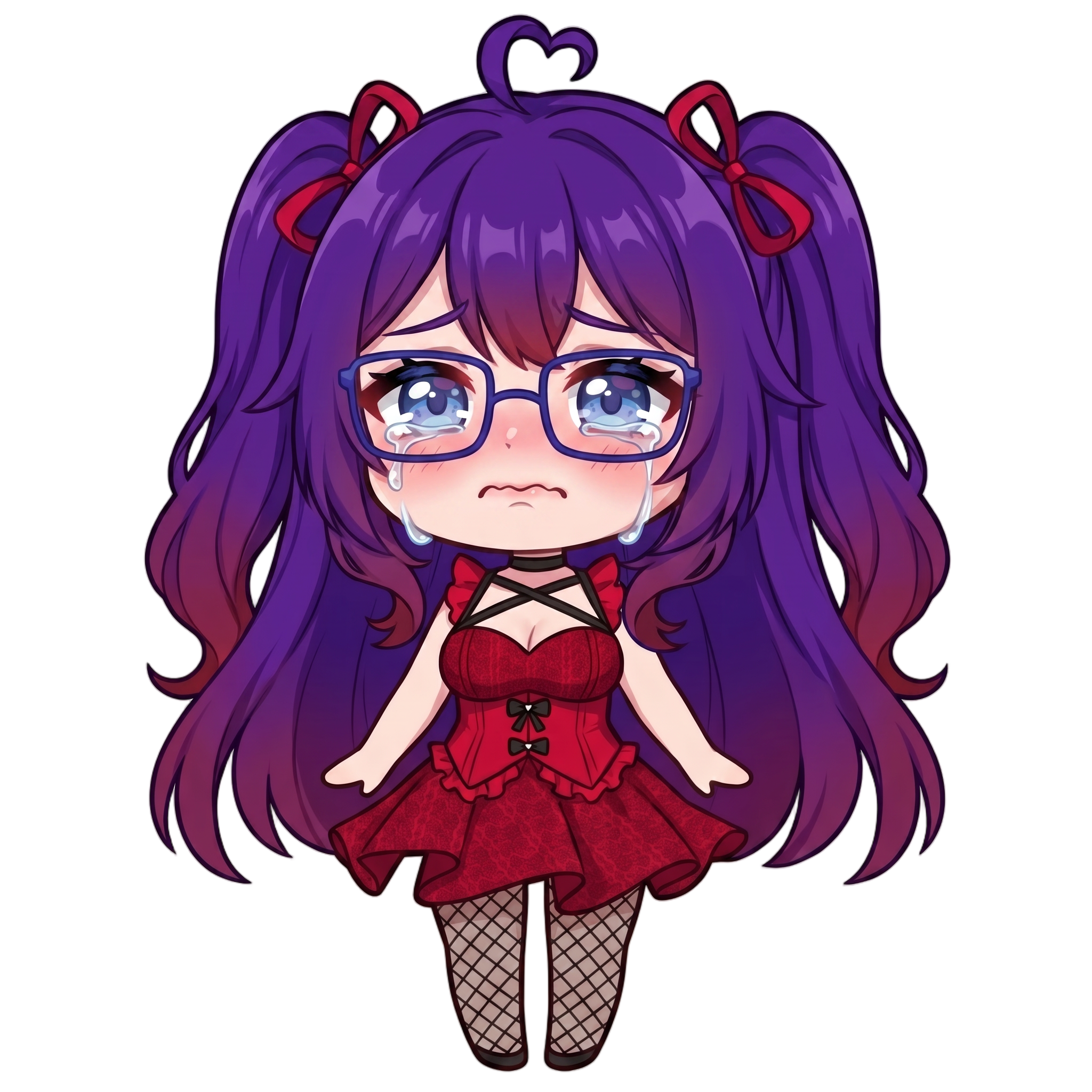 Change this emote's expression to sad with tears streaming down and a trembling frown. Keep the exact same character design, outfit, colors, and art style.