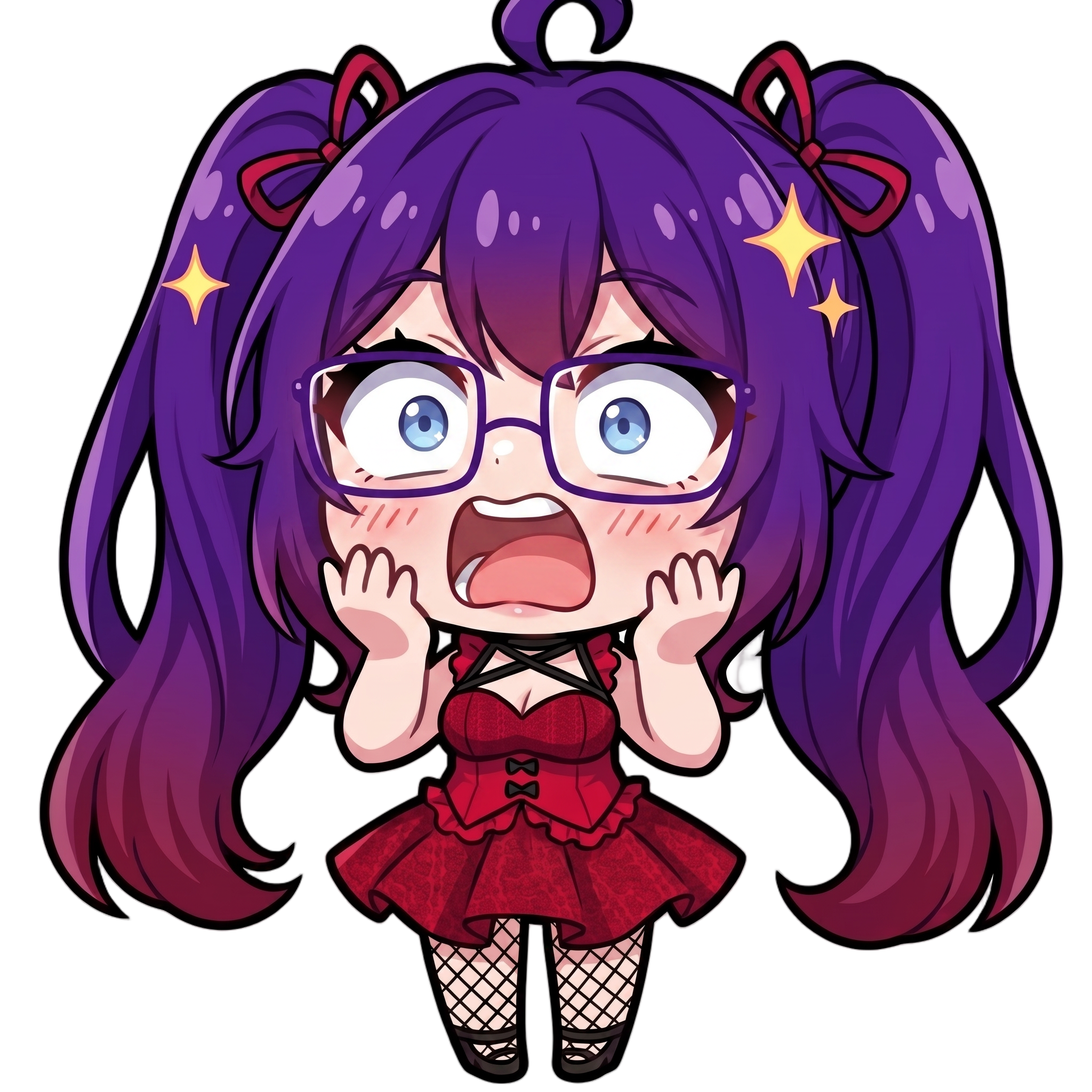 Change this emote's expression to shocked with wide open eyes, dropped jaw, and raised eyebrows. Keep the exact same character design, outfit, colors, and art style.