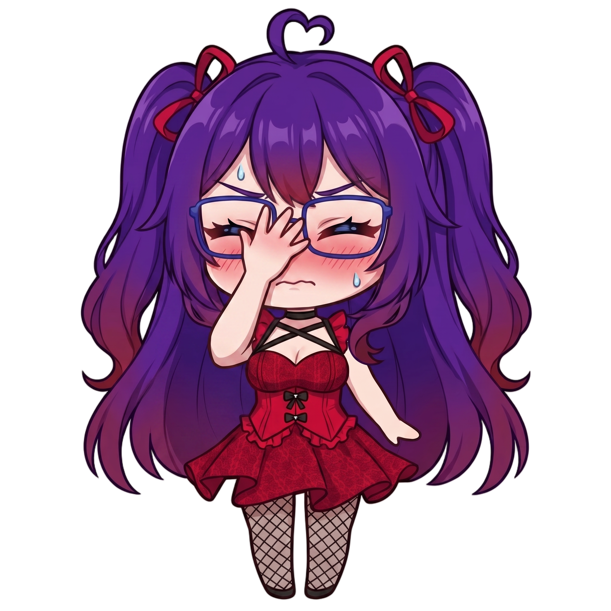 Change this emote to doing a facepalm with one hand covering the face and a frustrated or embarrassed expression. Keep the exact same character design, outfit, colors, and art style.