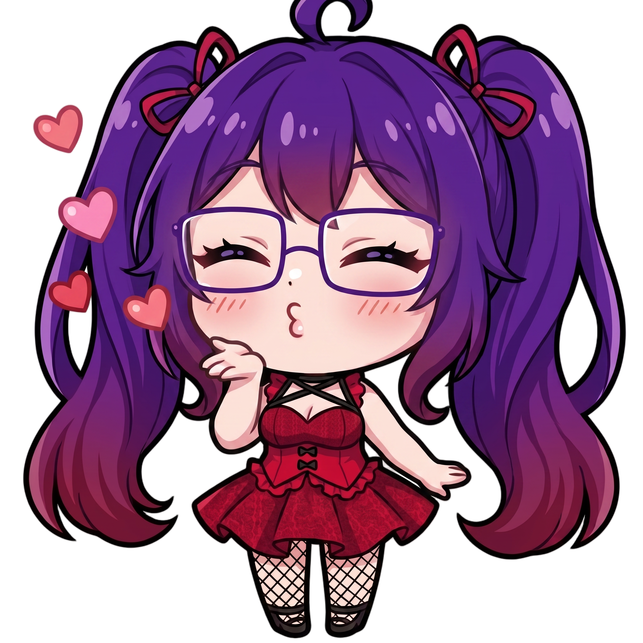 Change this emote to blowing a kiss with hearts floating around, eyes closed sweetly, and one hand near the lips. Keep the exact same character design, outfit, colors, and art style.