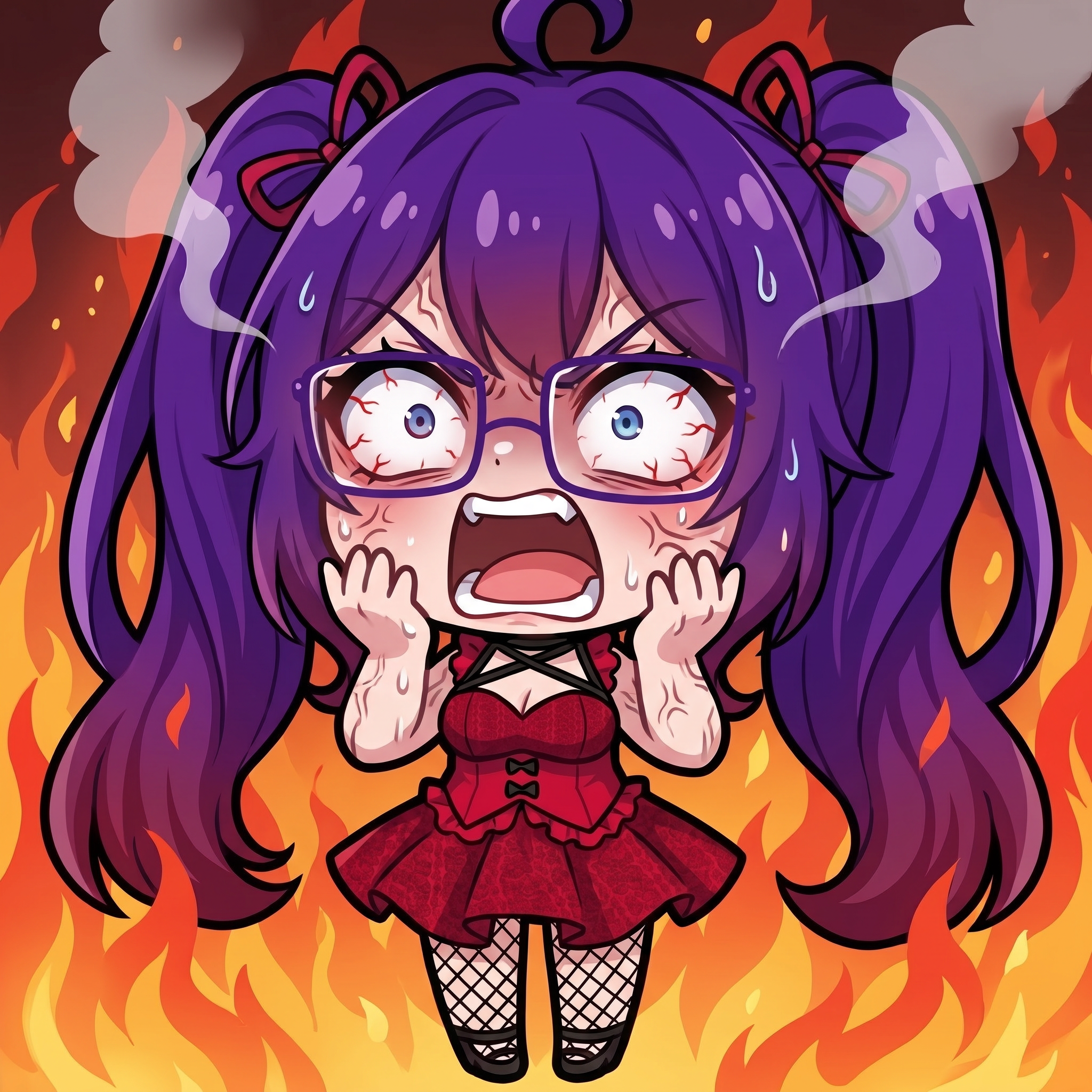 Change this emote's expression to furious rage with flames in the background, veins popping, and an intense scream. Keep the exact same character design, outfit, colors, and art style.