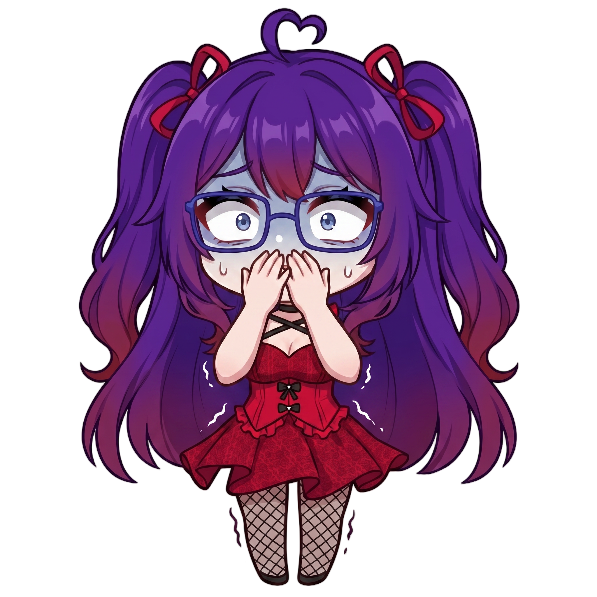 Change this emote's expression to terrified and scared, hiding behind hands with peeking eyes, trembling, and a ghostly pale face. Keep the exact same character design, outfit, colors, and art style.