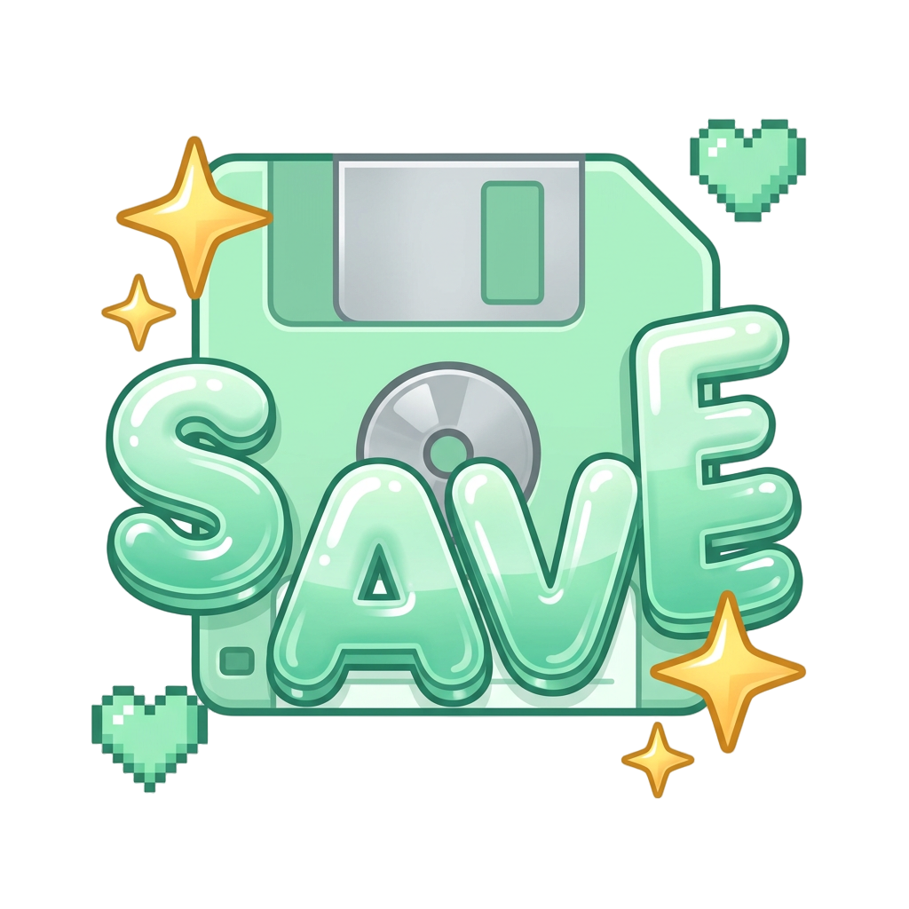 A vibrant, high-quality digital illustration centered on a white background, featuring a stylized 3.5-inch floppy disk. The disk is colored in soft mint green with a metallic grey central magnetic hub. Overlaid across the center is the word "SAVE" written in large, glossy, bubble-style lettering with a mint green gradient and polished white highlights, giving it a 3D, inflated appearance. The composition is decorated with playful, sparkling elements, including two bright four-pointed golden stars and two small pixel-art style hearts in a matching mint green. The overall aesthetic is "Y2K" or "cyber-cute," characterized by a polished, smooth finish, clean outlines, and a bright, cheerful color palette. The lighting is bright and even, emphasizing the shiny, reflective surfaces of the bubble text and the sleek plastic texture of the floppy disk. The entire image has a digital sticker or icon feel, maintaining a sharp focus and crisp edges throughout.