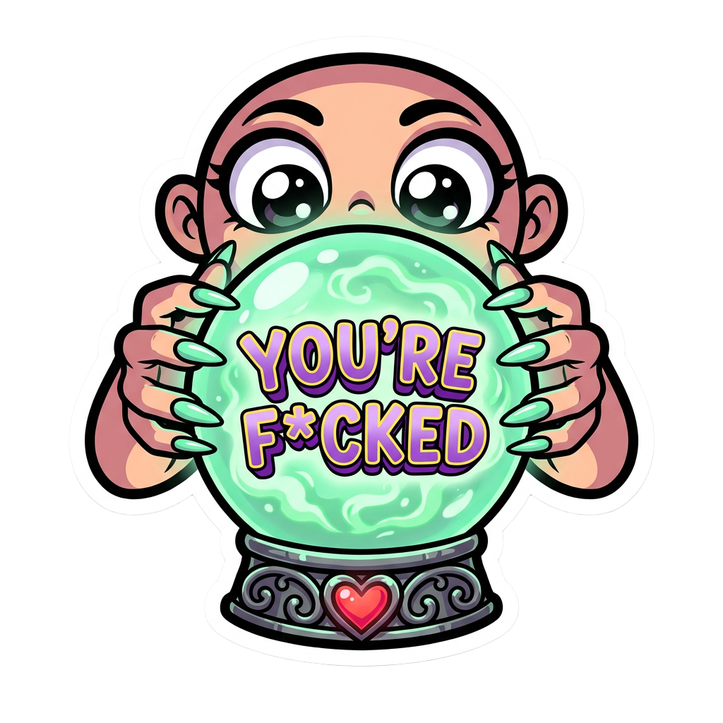 Sticker design, bold comic book art style. A pair of manicured hands with long, mint green acrylic nails holding a glowing mint green crystal ball. Inside the swirling, magical mist of the crystal ball, bold 3D bubble lettering spells out the text "YOU'RE F*CKED". The crystal ball sits on an ornate dark stand with a glowing heart detail. Clean white sticker border, vibrant colors, vector illustration style, high contrast, sharp details.
