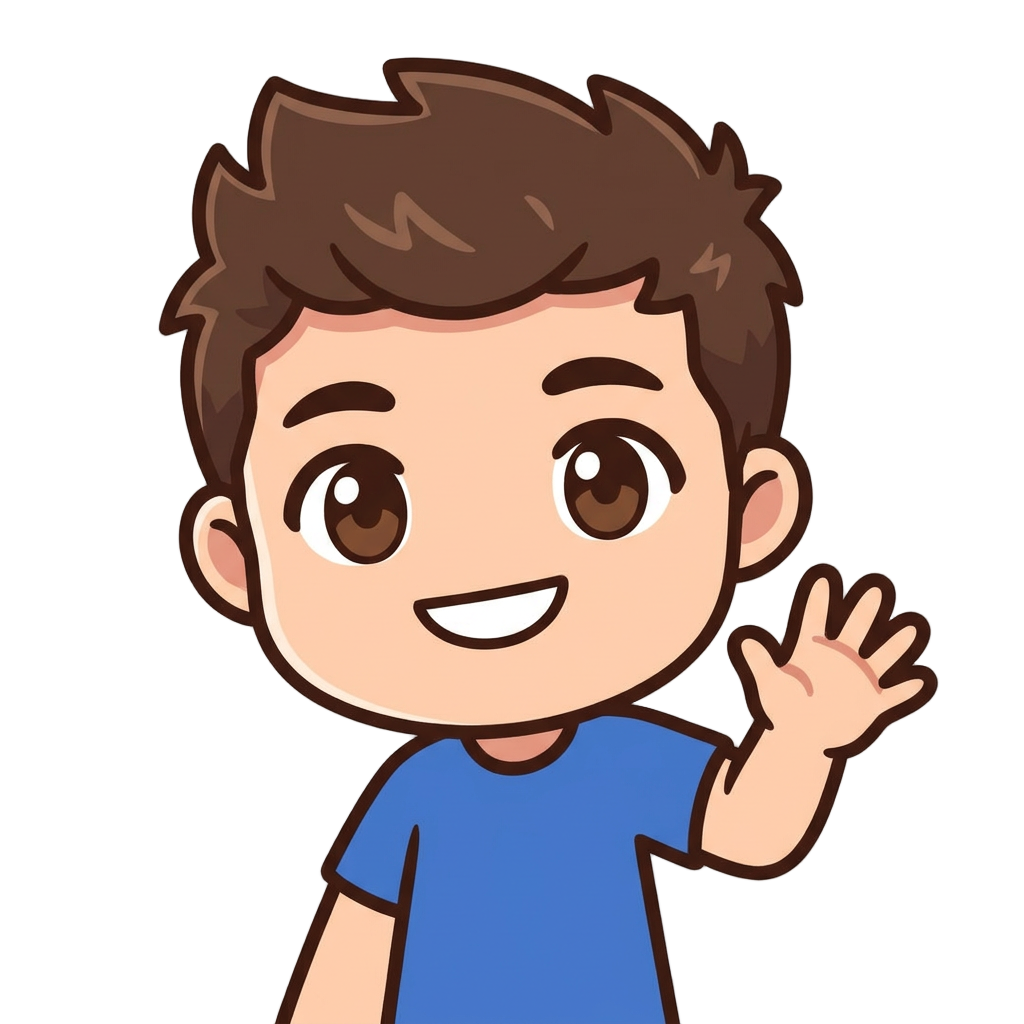 Create a minimalist chibi Twitch emote of a young man with a slightly round face, smiling and waving with one arm. He has short brown hair, brown eyes, and a simple blue shirt with no logos. Make the fingers neat and clearly drawn, and keep it cute, clean, and readable at small size.