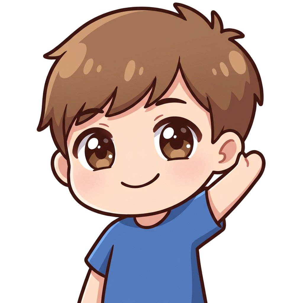 Create a minimalist chibi Twitch emote of a young man with a slightly round face, smiling and waving with one arm. He has short light-to-medium brown hair, brown eyes, and a simple blue shirt with no logos. Keep it cute, clean, and very readable at small size.