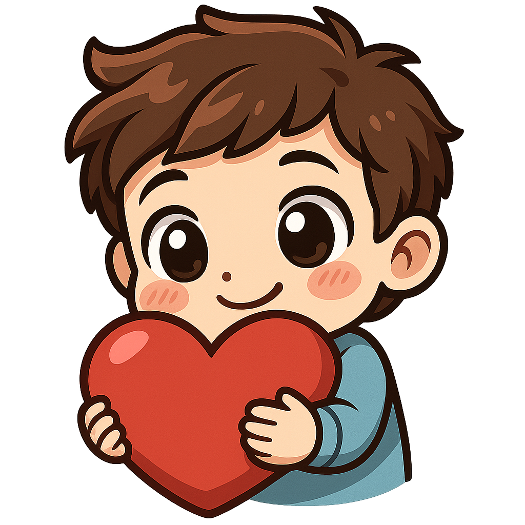 A chibi twitch emote from a young white man cuddling a big heart

