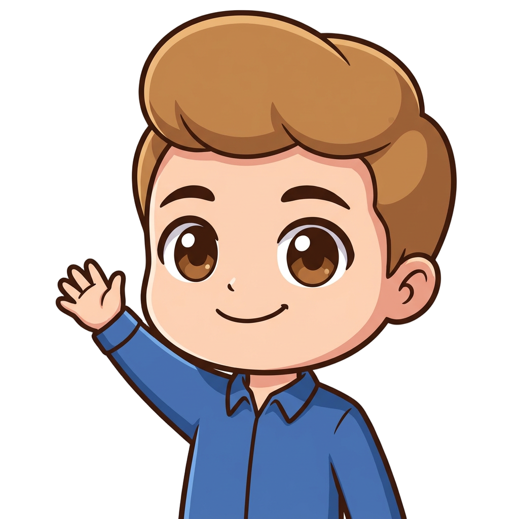 Create a minimalist chibi Twitch emote of a young man with a slightly round face, smiling happily and waving with one arm so it works as both “hi” and “ciao.” He should wear a simple blue luxury-style shirt with no logos, have brown eyes, and short smooth hair about 3 to 4 cm long, styled more upward with a rounded shape, in light brown to medium brown tones. Keep the design clean, cute, and highly readable at small emote size.