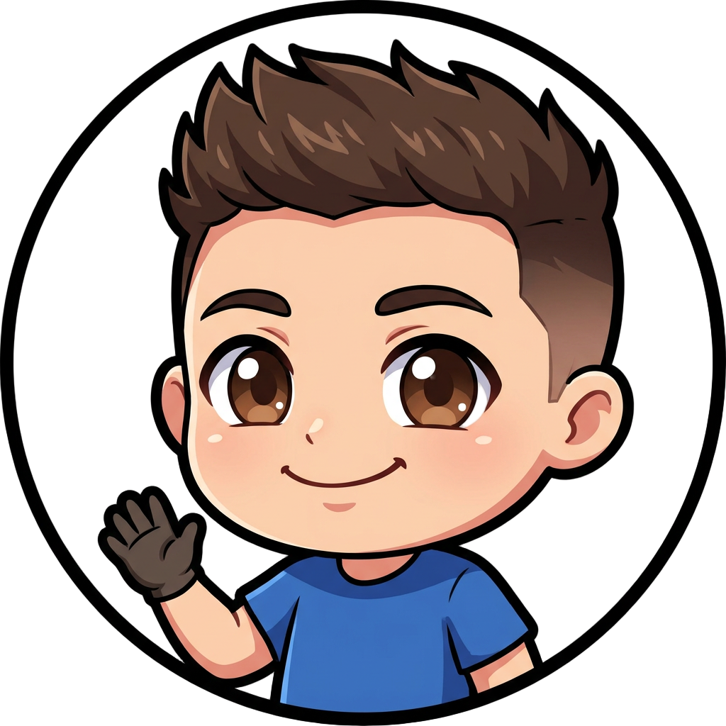 Create a young man with a slightly round face, warm smiling and waving with one arm. He has 3cm fade under cut brown hair, brown eyes, and a simple blue shirt with no logos.
