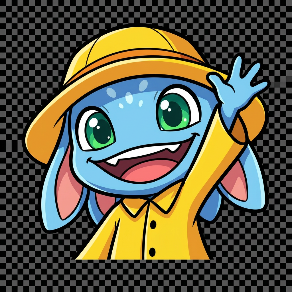 Cute chibi Twitch emote of Fizz in the yellow coat skin, based on the reference image, facing forward with a big happy smile and waving hello enthusiastically with one arm raised over his head, clean simple outlines, vibrant colors, emote style, transparent background.