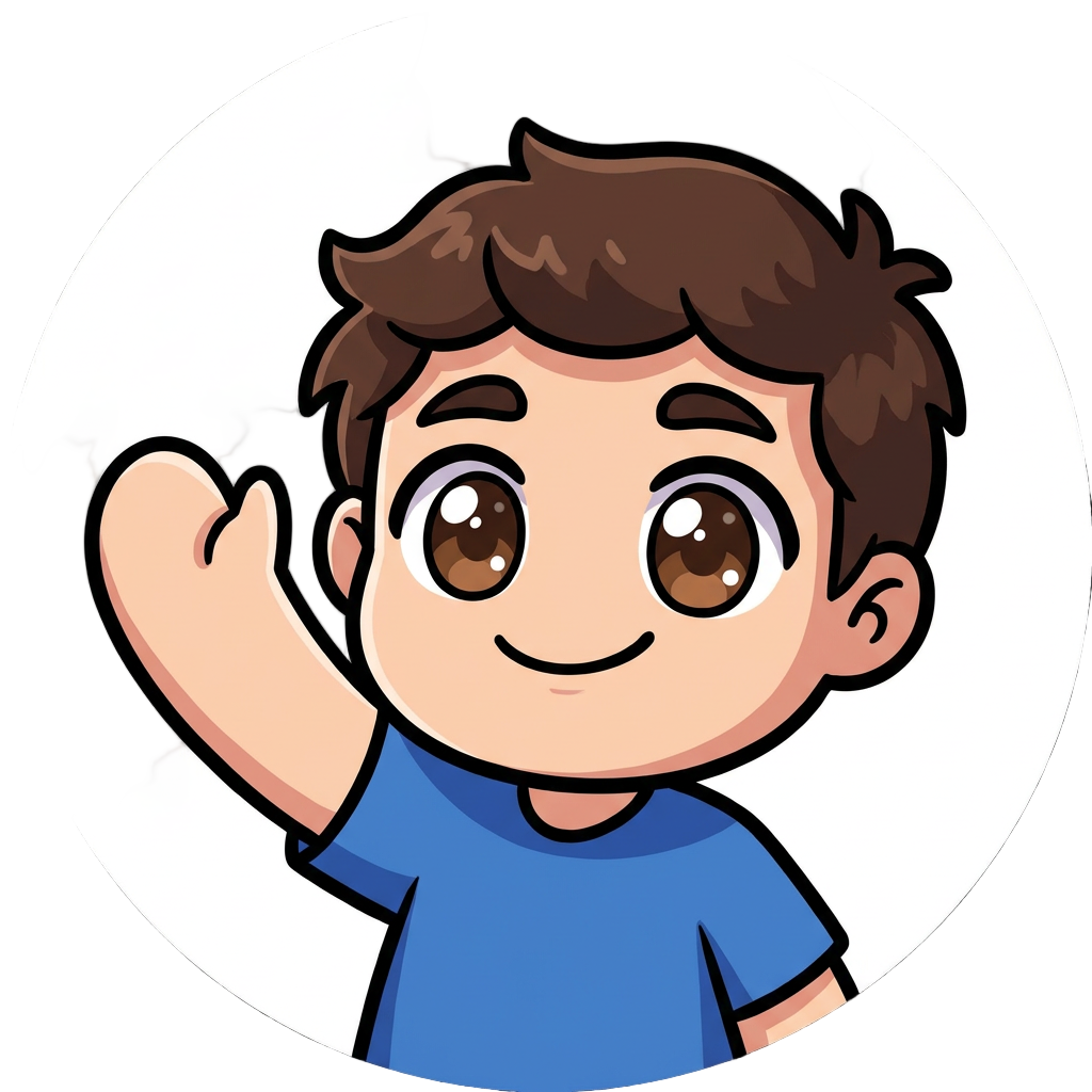 Create a chibi emote of a young man with a slightly round face, warm smiling and waving with one arm. He has short brown hair, brown eyes, and a simple blue shirt with no logos.