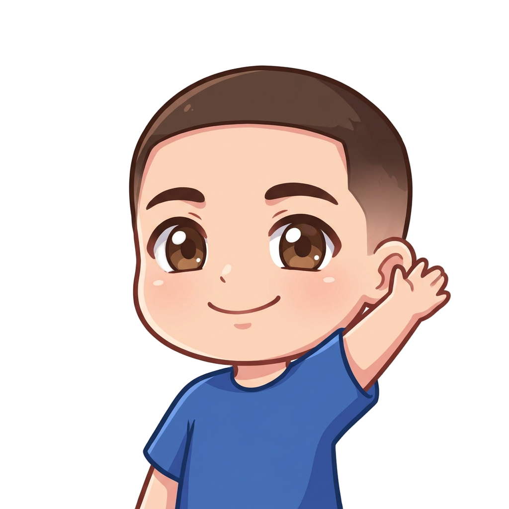 Create a young man with a slightly round face, warm smiling and waving with one arm. He has short fade cut brown hair, brown eyes, and a simple blue shirt with no logos.