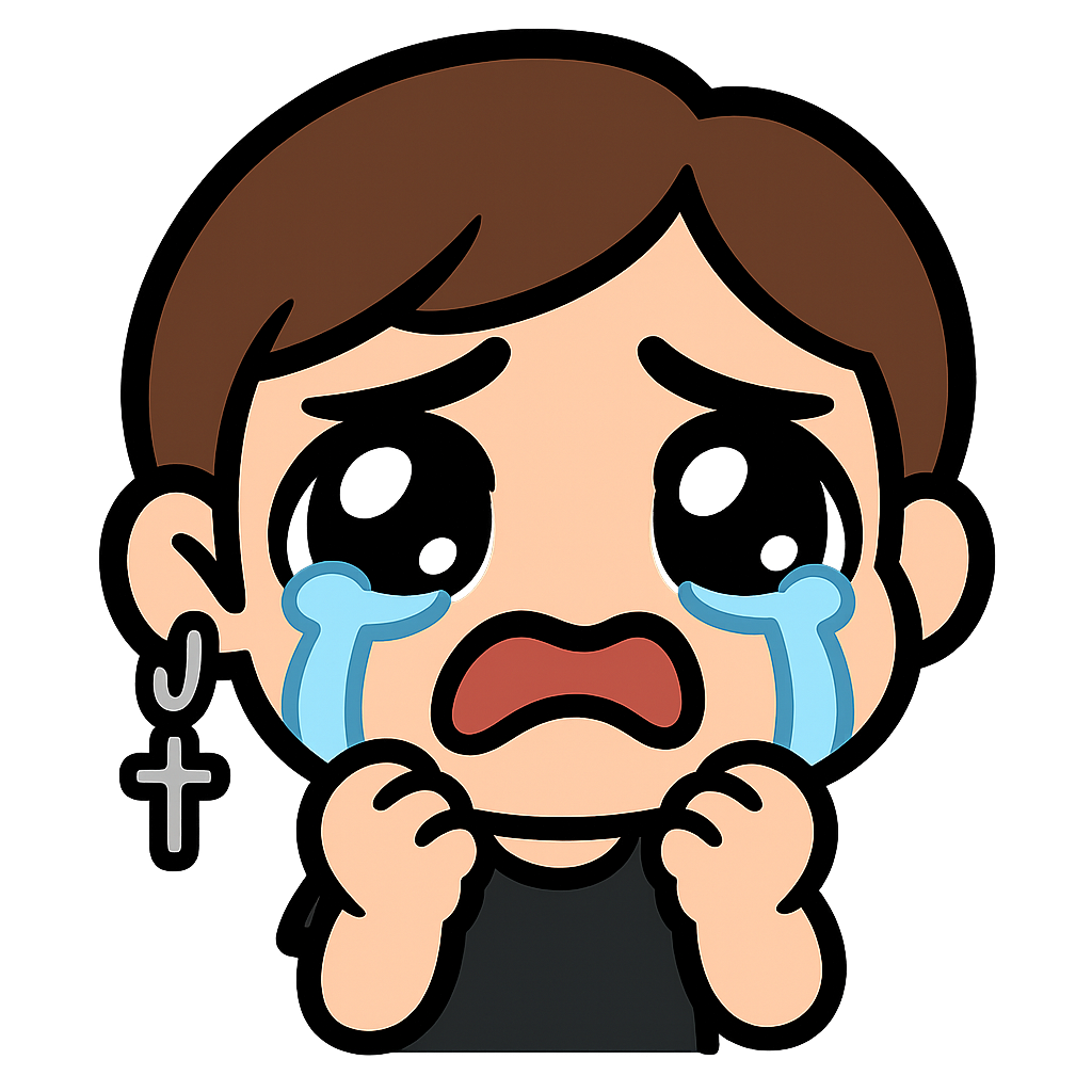 Create a minimalist chibi emote based on a silver hoop earring with a dangling circular charm and cross, simple clean lines, cute proportions, bold outline, transparent background, Twitch emote style.