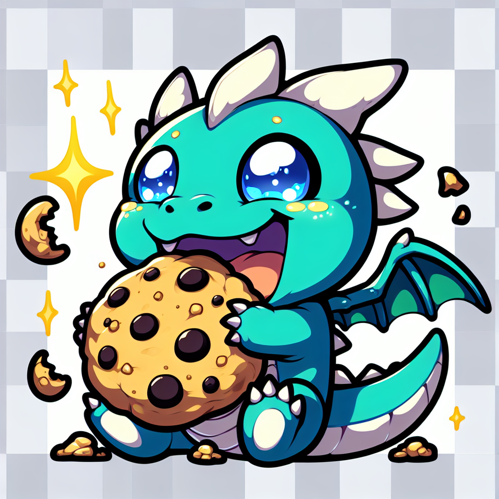 A small, teal dragon with twinkling blue eyes, excitedly holding a massive, golden cookie in its tiny claws, with crumbs speckled on its face and wings flapping energetically