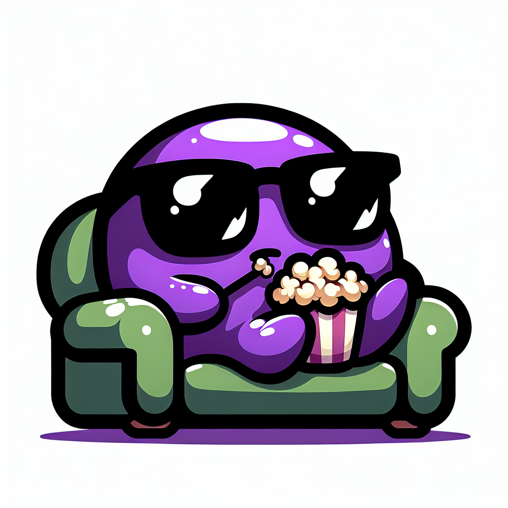A relaxed purple Ditto lounging on a soft green couch, munching on a piece of popcorn and sporting a pair of snazzy sunglasses
