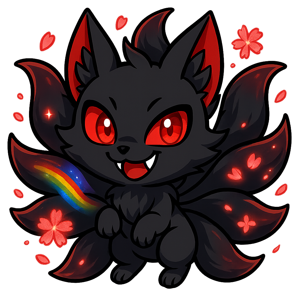 A mischievous black-bodied kitsune with shimmering red eyes and striking red ear tips, nine tails fanning out behind it with luminous red sakura petals swirling around
With the JustmeDeem the pride colers