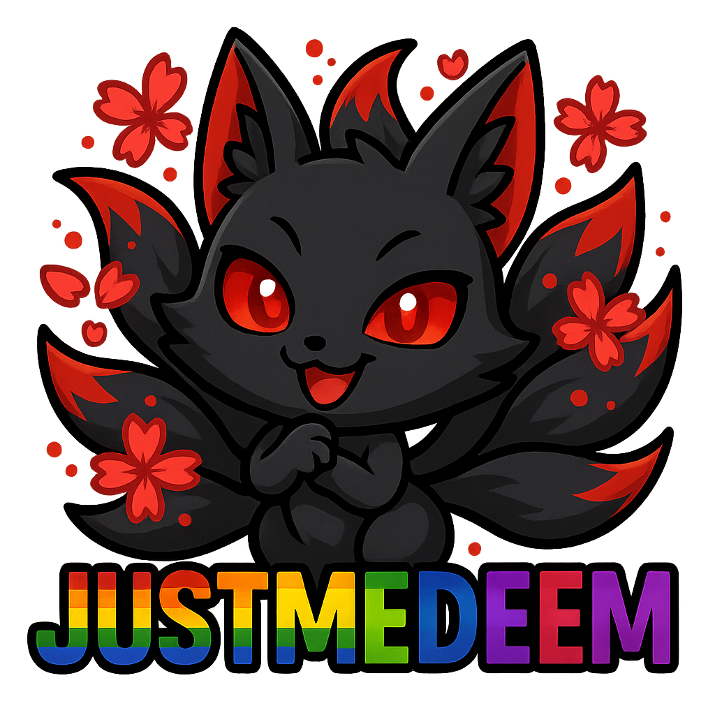 A mischievous black-bodied kitsune with shimmering red eyes and striking red ear tips, nine tails fanning out behind it with luminous red sakura petals swirling around
With the letters JustmeDeem the pride colers