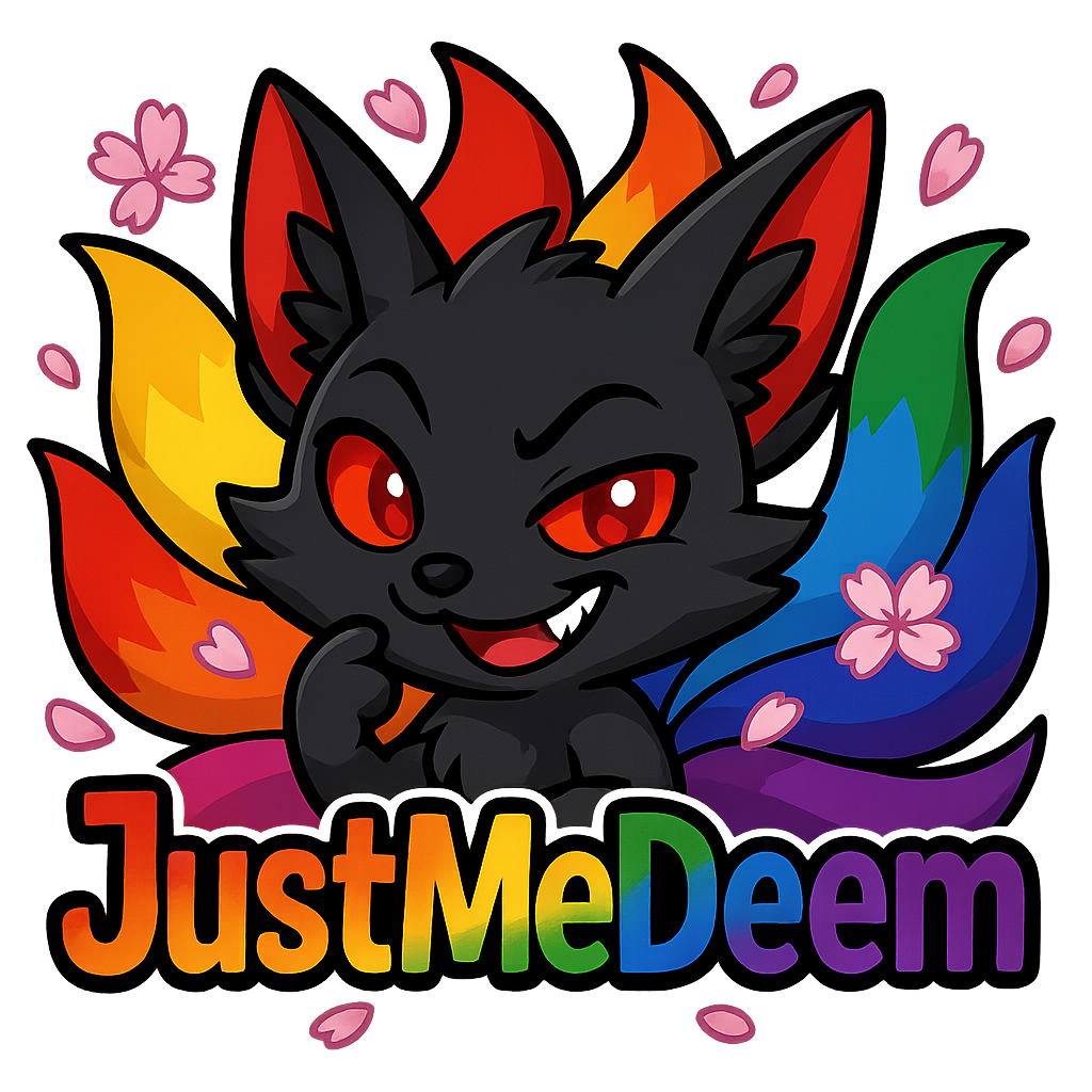 A mischievous black-bodied kitsune with shimmering red eyes and striking red ear tips, nine tails prime colors fanning out behind it with luminous pride colors sakura petals swirling around with leters saying JustMeDeem in black colors with a pride outline aroud the letters