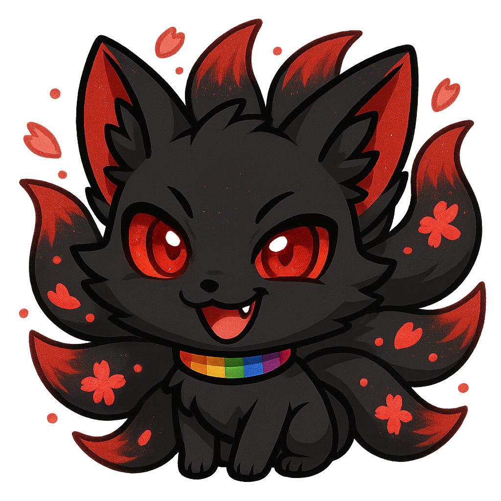 A mischievous black-bodied kitsune with shimmering red eyes and striking red ear tips, nine tails fanning out behind it with luminous red sakura petals swirling around
In thepride coller