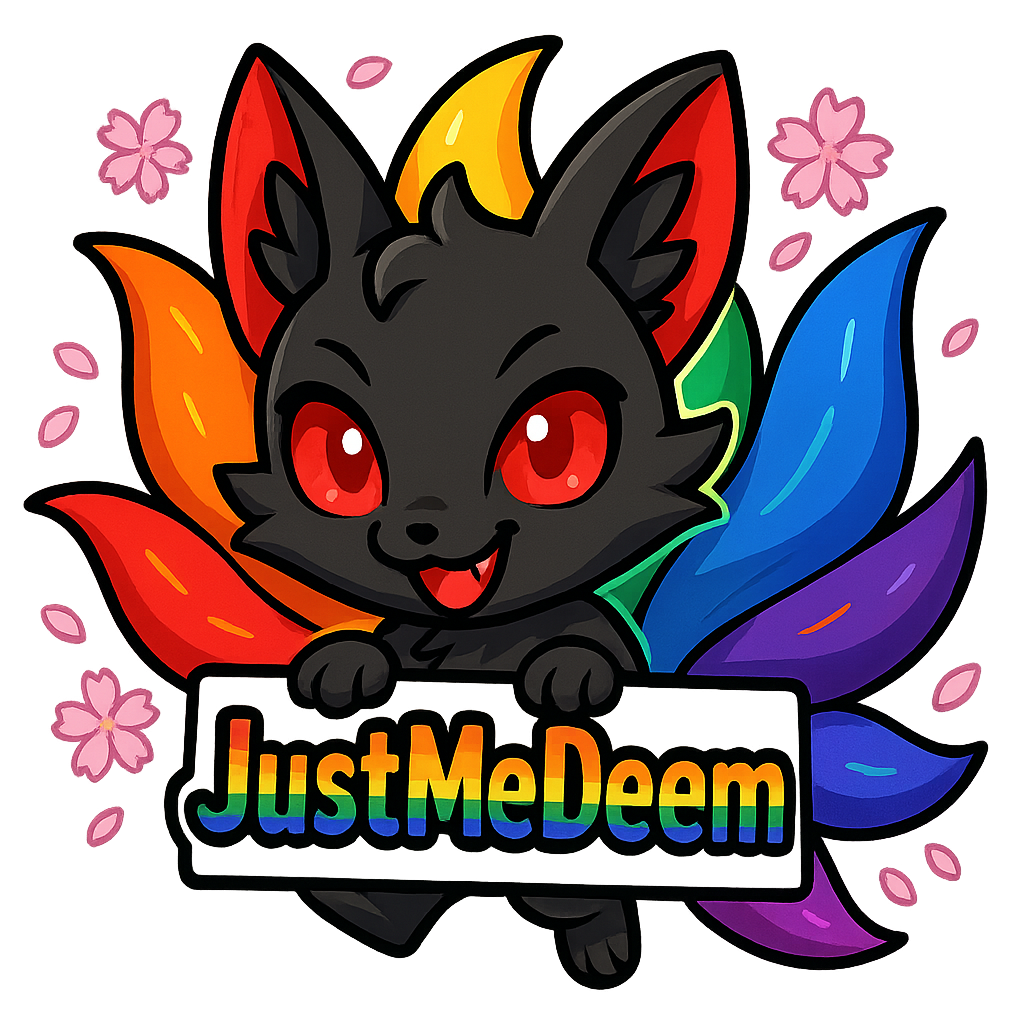 A mischievous black-bodied kitsune with shimmering red eyes and striking red ear tips, nine tails prime colors fanning out behind it with luminous pride colors sakura petals swirling around with leters saying JustMeDeem in black colors with a pride outline aroud the letters
Kitsune holding the letters