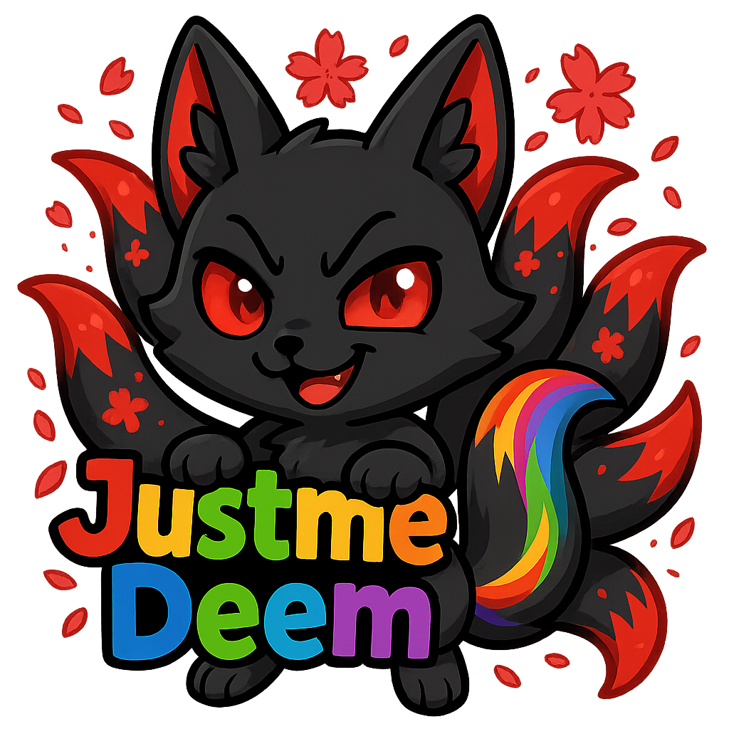 A mischievous black-bodied kitsune with shimmering red eyes and striking red ear tips, nine tails fanning out behind it with luminous red sakura petals swirling around
With the letters JustmeDeem the pride colers en happy typestyle while the kitsunes holds the letters and has rainbow strokes on there tail
