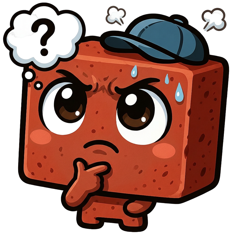 small brick person with a little hat, he is thinking very hard about something