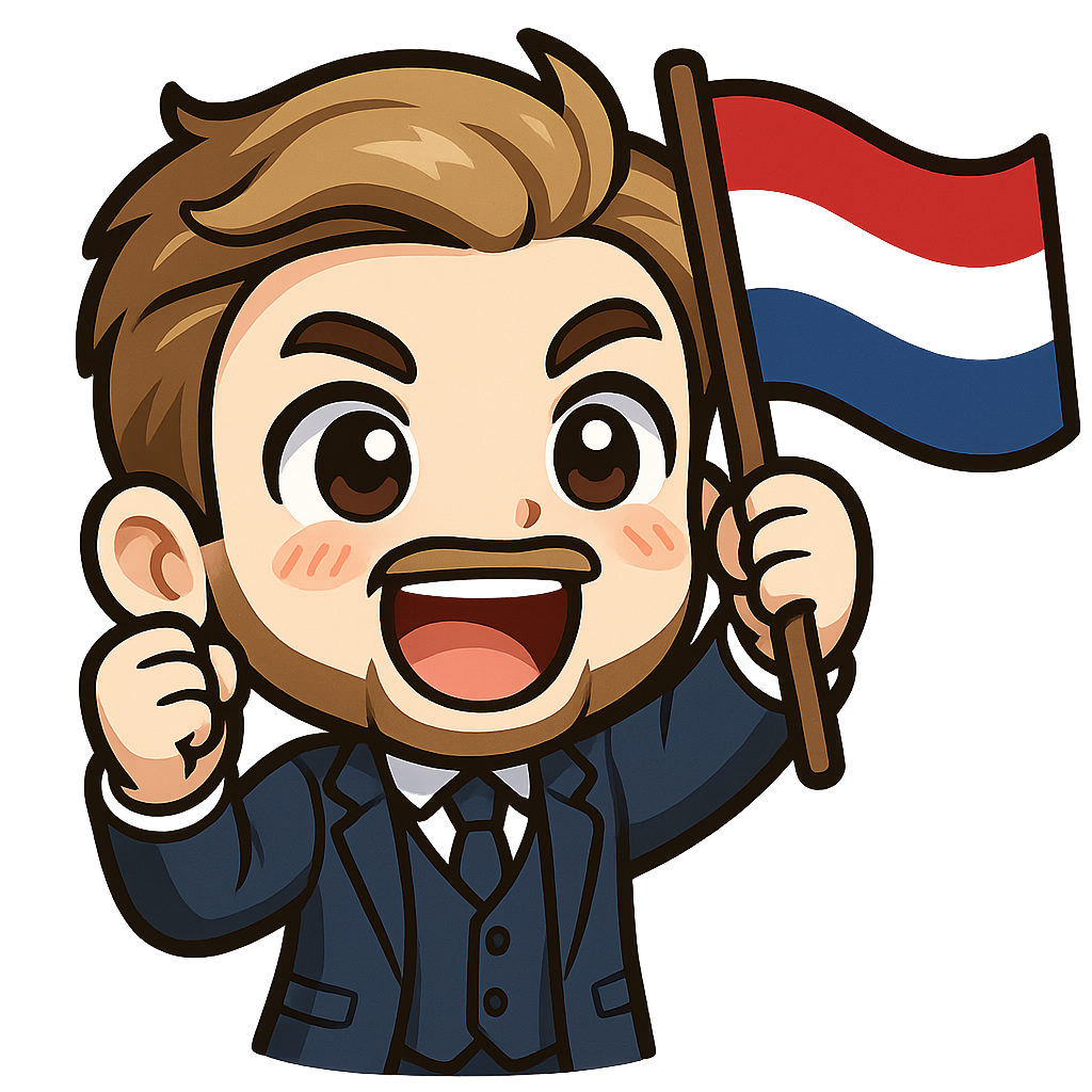 A young man in a 3 piece navy suit, blonde / brown hair and a well-kept beard cheering while holding a flag