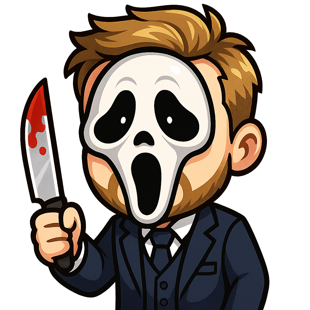 A young man in a 3 piece navy suit, blonde / brown hair and a well-kept beard wearing a ghostface mask and holding a knife