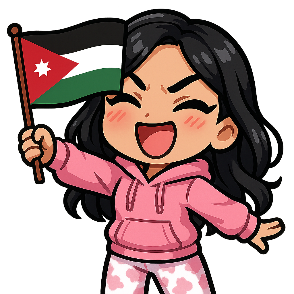 a beautiful young lady, slightly tanned, with black hair, wearing a pink hoodie and fluffy pink and white pyjama bottoms holding a Jordan flag