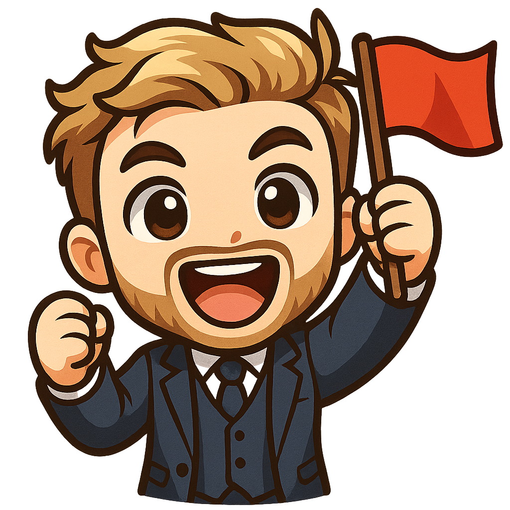 A young man in a 3 piece navy suit, blonde / brown hair and a well-kept beard cheering while holding a flag